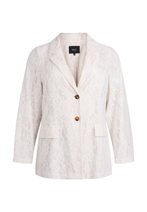 Hvid blazer i blomsterblonde med hakkrave, to brune knapper, lange ærmer og forlommer med klap.