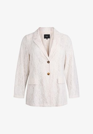 Weißer Blazer aus floraler Spitze mit Reverskragen, zwei braunen Knöpfen, langen Ärmeln und aufgesetzten Taschen vorne.