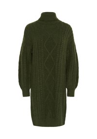 Abito maglione verde a manica lunga con collo alto, caratterizzato da motivi a treccia testurizzati e maniche a palloncino. Lunghezza lunga e orlo a coste.