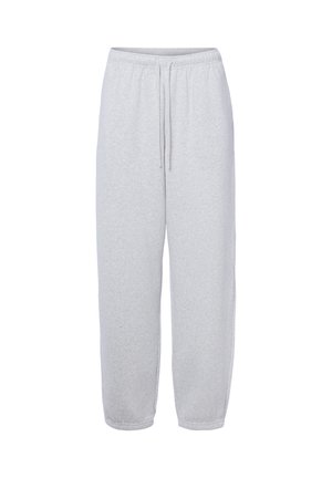 Hellgraue Fleece-Sweathosen mit elastischem Bund, Kordelzug und elastischen Bündchen, frontseitig dargestellt.