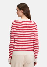 Rot-weiß gestreifter Strickpullover mit einem gerippten Saum und Bündchen, ausgestattet mit einem Rundhalsausschnitt und einer lockeren Passform, Rückansicht des Designs.