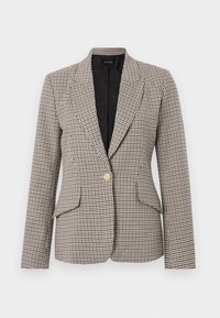 Blazer à carreaux pied-de-poule en marron et noir, avec un seul bouton doré, deux poches avant et un col structuré. Intérieur doublé.