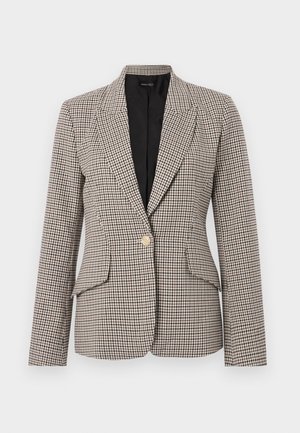 Blazer à carreaux pied-de-poule en marron et noir, avec un seul bouton doré, deux poches avant et un col structuré. Intérieur doublé.