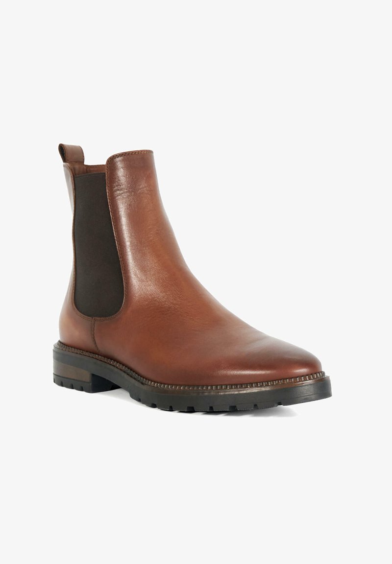Bruine leren Chelsea-boots met elastische zijpanelen, een ronde neus, een gestructureerde rubberen zool en een subtiele stikseldetail.