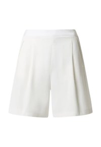 Pantaloni corti plissettati bianchi con una texture liscia, dotati di tasche laterali e di una cintura confortevole. Design minimalista senza motivi visibili.
