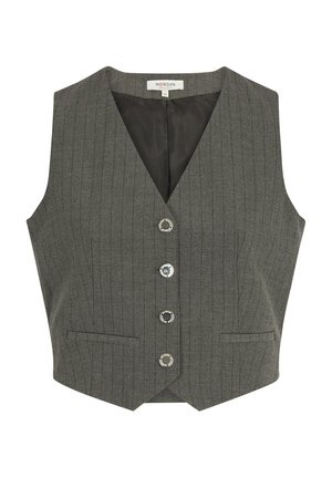 Gilet gris à rayures, avec un col en V, quatre boutons ronds et deux poches avant, avec une doublure noire contrastante.