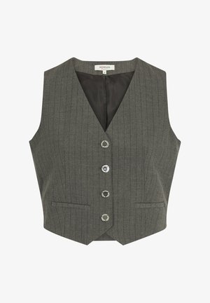 Gilet gris à rayures, avec un col en V, quatre boutons ronds et deux poches avant, avec une doublure noire contrastante.