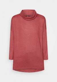 Rotes Langarmoberteil mit einem weiten Ausschnitt, oversized Schnitt, weichem Textil und abgerundetem Saum, mit 3/4-Ärmeln.