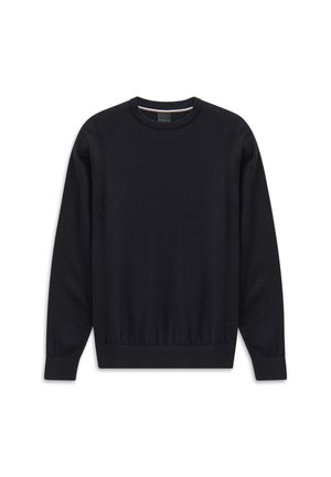 Dunkelblauer, gestrickter Pullover mit Rundhalsausschnitt, langen Ärmeln sowie gerippten Bündchen und Saum. Hergestellt aus weichem Material mit einer glatten Textur.