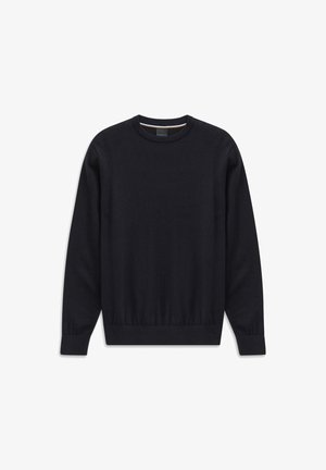 Dunkelblauer, gestrickter Pullover mit Rundhalsausschnitt, langen Ärmeln sowie gerippten Bündchen und Saum. Hergestellt aus weichem Material mit einer glatten Textur.