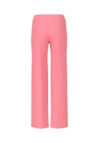 Pink wide-leg trousers with a smooth, tailored texture and clean lines. Features back pockets and a high waistband, suitable for formal wear.