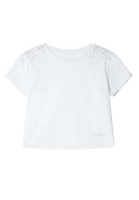 Camiseta blanca de manga corta con un patrón texturizado de pequeños rhinestones en los hombros. Fabricada en un suave tejido de algodón, con escote redondo y un corte relajado.
