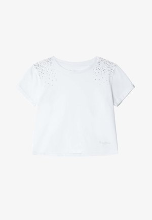 Biała koszulka z krótkim rękawem, ozdobiona fakturowanym wzorem małych cyrkonii na ramionach. Wykonana z miękkiej bawełny, ma okrągły dekolt i luźny krój.