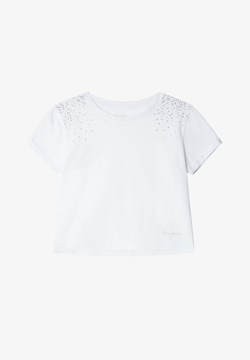 Balta trumpa rankovėmis marškinėliai su tekstūruotu mažu cirkonių raštu ant pečių. Minkšta medvilnė, apvalus kaklas ir laisvas siluetas.