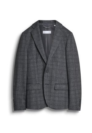 Blazer grigio a scacchi realizzato in tessuto testurizzato, con rever a lancia, due tasche frontali, chiusura a un bottone e una fodera interna liscia.