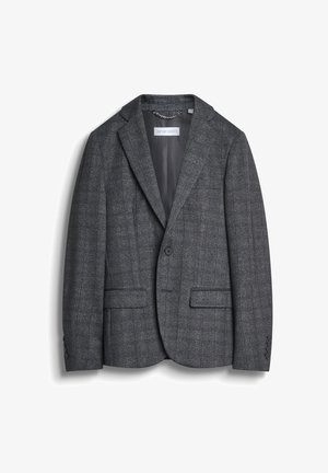 Sivi karo blazer od teksturiranog materijala, s izrezanim reverima, dva prednja džepa, jednim dugmetom za zatvaranje i glatkom unutarnjom podstavom.