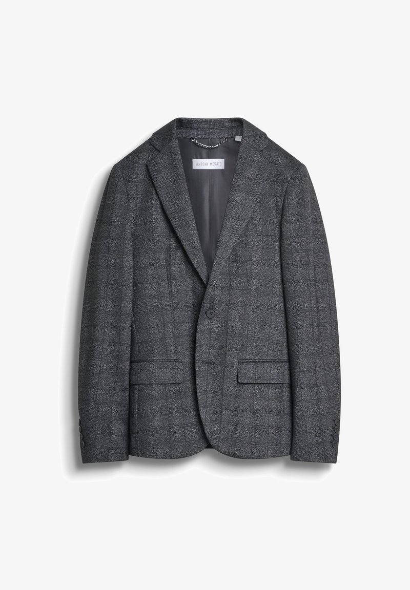 Blazer grigio a scacchi realizzato in tessuto testurizzato, con rever a lancia, due tasche frontali, chiusura a un bottone e una fodera interna liscia.
