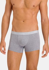 Caleçons boxers en coton gris avec une ceinture douce arborant le logo "HANRO". Conçus pour un ajustement serré et une texture lisse.