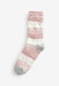 Fuzzy skarpetki w różowe i białe paski, z szarym palcem. Miękka tekstura, sięgająca do połowy łydki, oraz przytulny design dla dodatkowego ciepła.
