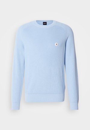Light blue ribbed knit sweater with a crew neckline, long sleeves, and a small logo detail on the chest. Soft texture, regular fit.