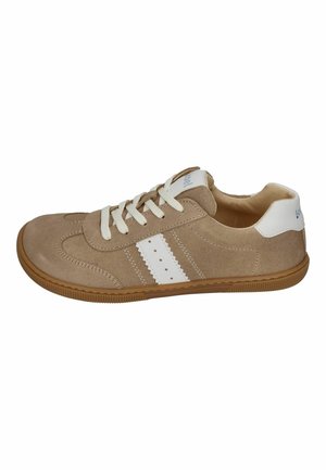 Light brown suede sneaker with white laces, white side stripe with perforations, white heel tab, and gum rubber sole.