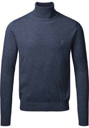 Navyblauwe coltrui van zacht breimateriaal, met ribbelstructuur bij de hals, boorden en onderrand, en een klein logo op de borst.