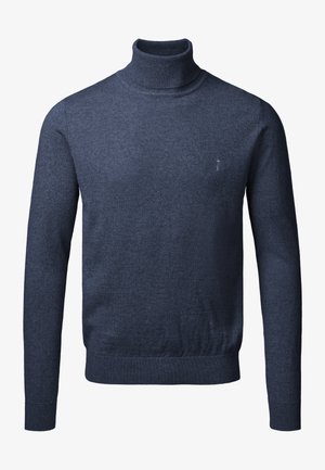 Tumed sinine kõrgekaelusega sviiter, mis on valmistatud pehmest kudumist, millel on ribad kaelas, varrastes ja allservas, ning väike logo rinnal.