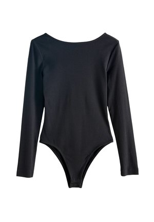 Black long-sleeve bodysuit with a ribbed texture, scoop neckline, and high-cut legs. Made of soft, stretchy fabric for a snug fit.