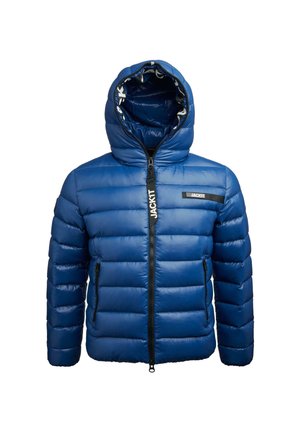 Blaue gepolsterte Jacke mit Kapuze, Frontreißverschluss, zwei Reißverschlusstaschen und "JACKIT"-Logo auf der Brust und am Reißverschluss.