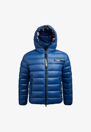 Giacca imbottita blu con cappuccio, zip frontale, due tasche con zip e logo "JACKIT" sul petto e sul cursore della zip.