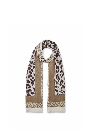 Lang let tørklæde med brun og beige leopardprint samt geometrisk kantmønster, vist i en løkke på hvid baggrund.