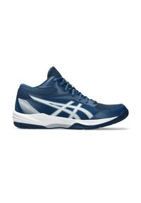 Basket de sport mid-top en matériau synthétique bleu foncé avec des accents blancs. Dispose d'un dessus en mesh texturé, d'un col rembourré et d'une semelle en caoutchouc.