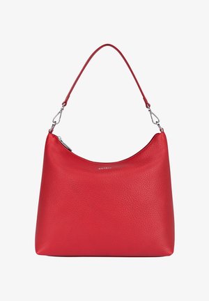 Red leather hobo bag with a pebbled texture, curved top, and a single adjustable strap. Metallic hardware accents with a zippered closure.