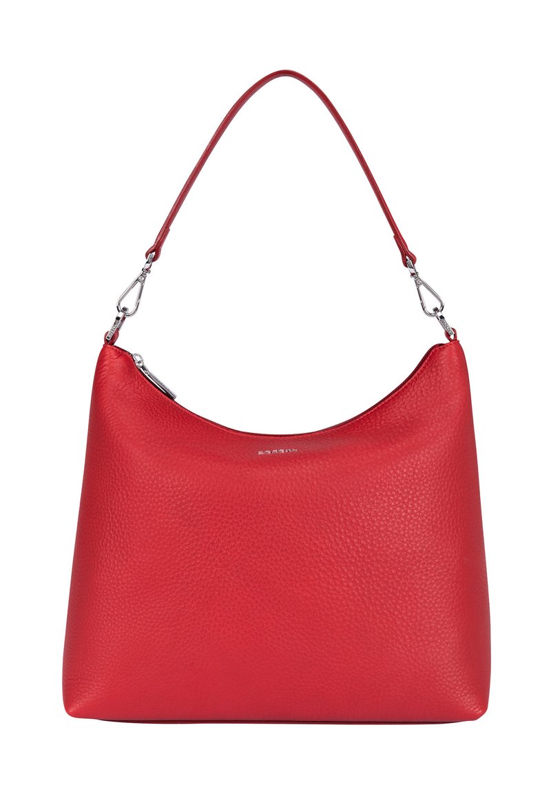 Red leather hobo bag with a pebbled texture, curved top, and a single adjustable strap. Metallic hardware accents with a zippered closure.