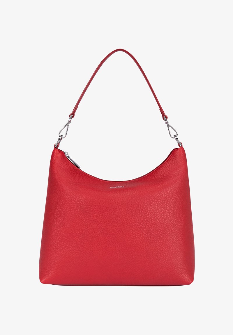Red leather hobo bag with a pebbled texture, curved top, and a single adjustable strap. Metallic hardware accents with a zippered closure.