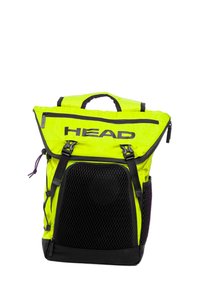 Sac à dos jaune vif avec poche en maille noire, bretelles ajustables, poignée supérieure et logo "HEAD" bien en vue. Comprend des compartiments zippés.