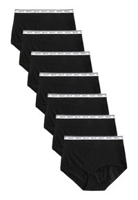 Ensemble de sous-vêtements en coton noir avec une ceinture élastique blanche marquée "NEXT". Présente un design classique de slip, montré empilé en rangée.