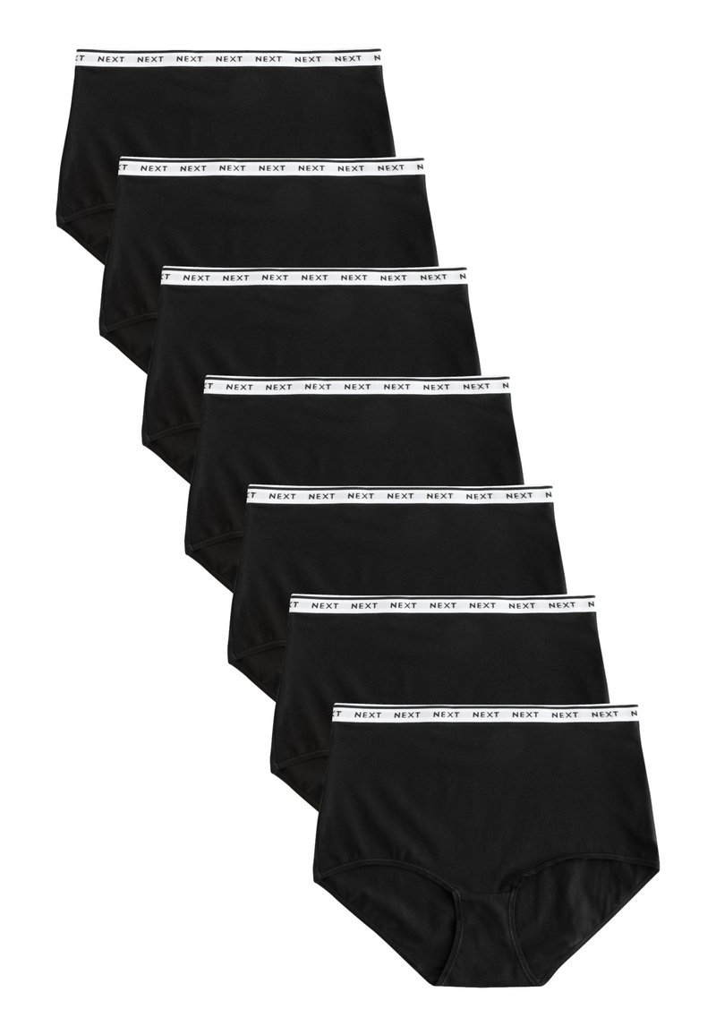 Ensemble de sous-vêtements en coton noir avec une ceinture élastique blanche marquée "NEXT". Présente un design classique de slip, montré empilé en rangée.