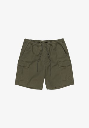 Olijfgroene cargoshorts van zacht materiaal, met een elastische tailleband met trekkoord en twee zijpatchzakken.