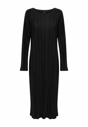 Schwarzes langärmliges Kleid mit rundem Ausschnitt, versehen mit vertikalen Falten und einem leicht ausgestellten Saum, aus weichem Stoff.
