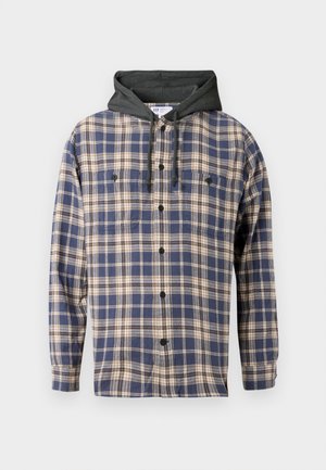 Button-up plaid shirt with blue, beige, and white squares, featuring a dark gray hood with drawstrings and two chest pockets.