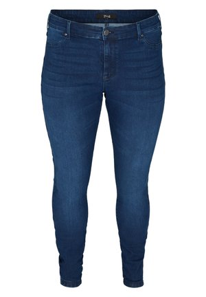 Dark blue skinny jeans in cotton blend, featuring a high waist, five-pocket design, button closure, and subtle whiskering details.