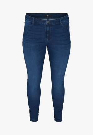 Dark blue skinny jeans in cotton blend, featuring a high waist, five-pocket design, button closure, and subtle whiskering details.