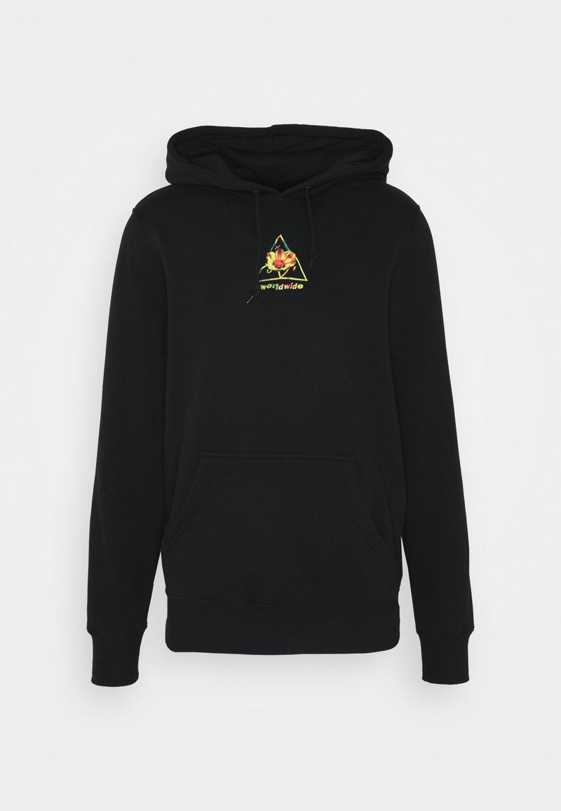 Sweat à capuche noir avec poche avant et cordons, avec un petit logo triangulaire jaune comprenant une fleur rouge et le texte "worldwide" sur la poitrine.