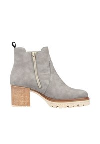 Bottine en suède gris avec un talon bloc moyen, fermeture éclair sur le côté et une semelle texturée de couleur naturelle. Boucle noire à l'arrière pour un enfilage facile.
