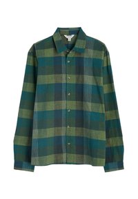 Button-up shirt in green and blue plaid pattern, made from textured fabric. Features a collar and long sleeves with button closures.