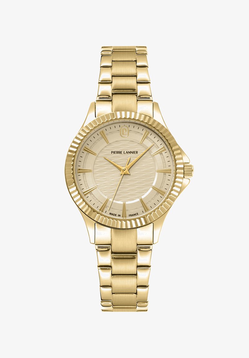 Guld analog ur med en struktureret lys guld urskive, metalliske guld time markører og et link armbånd design. Har en ribbet bezel og logo detaljer.