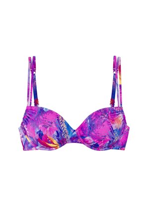 Bra with molded cups and adjustable double straps, featuring a vibrant pink, purple, and blue tropical floral pattern.