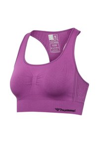 Fioletowy stanik sportowy o teksturowanym, oddychającym designie. Posiada bezszwowy obszar biustu, wycięcie w stylu racerback oraz czarne logo na dolnej taśmie.