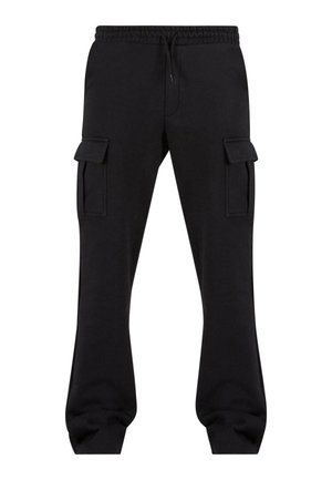 Sorte cargo-bukser laget av mykt stoff, med elastisk midjebånd, justerbare snorer og to sidelommer med klaff-lukking.